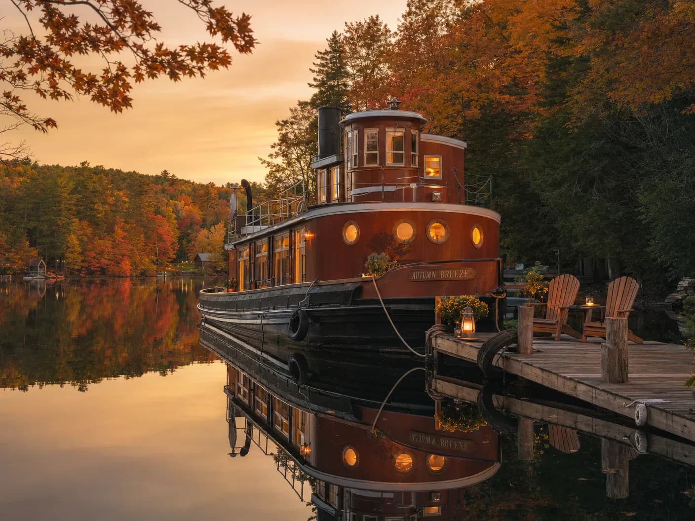 Houseboat on autumn lake